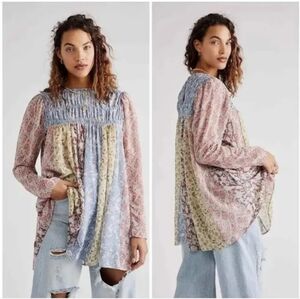 Free People‎ Merrie Mix Print Tunic NWT Blue Bird